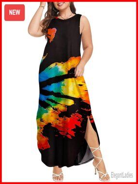 Plus Size Sleeveless Tank Maxi Dress with Pockets Side Split Swing Hem